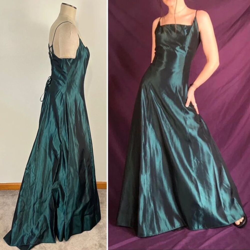 VTG Hyphen Prom Dress Sz 13/14 Emerald Green Iridescent Lace Up Corset Back Gown - Picture 3 of 16